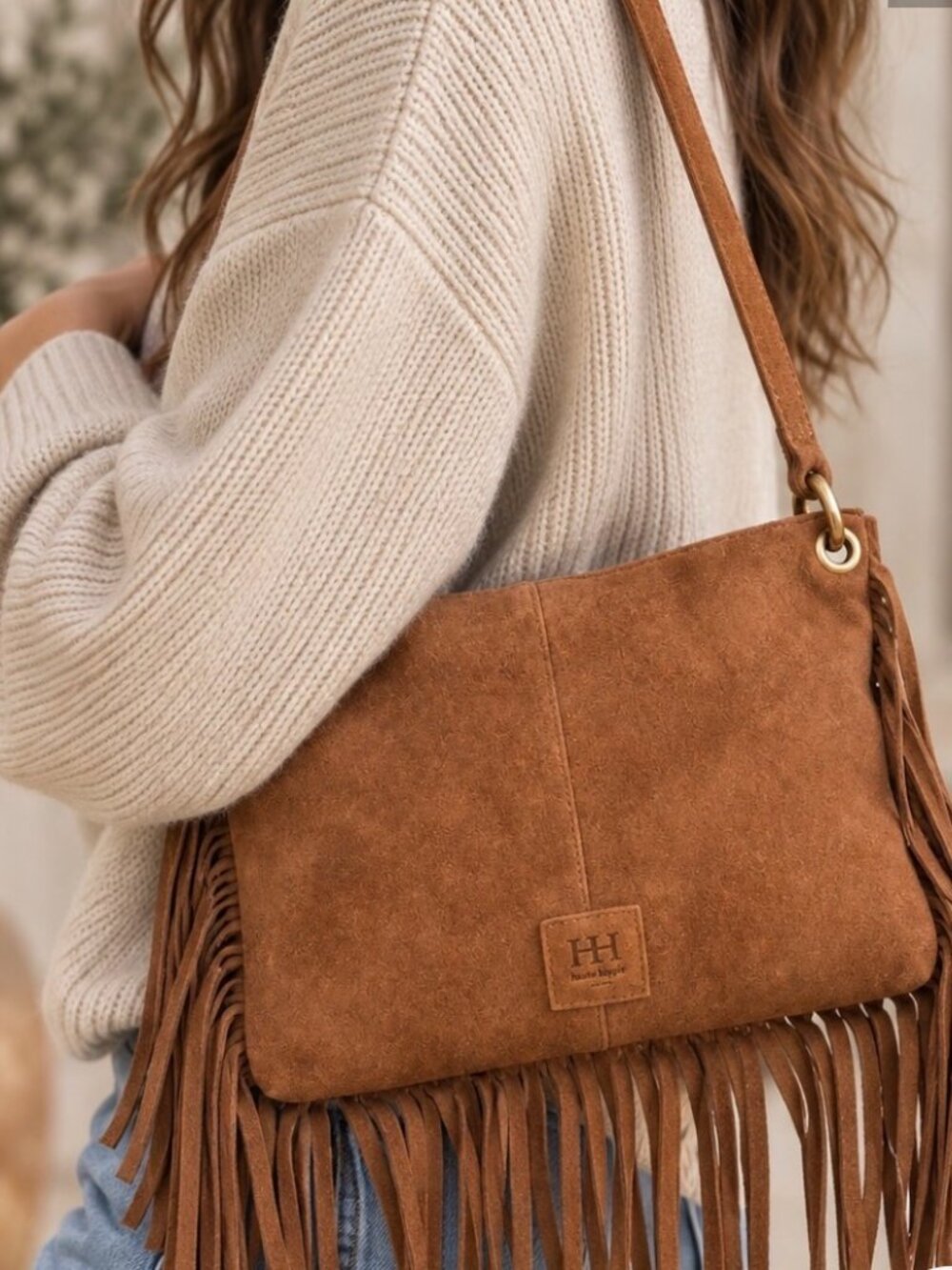 NWT Haute Hippie Boho Suede Fringe Cross Body Bag in Rich Brown.